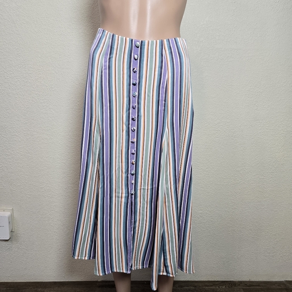 Maeve By Anthropologie Freya Striped Button Front Satin Midi Skirt In Multi US 2 - Picture 3 of 13